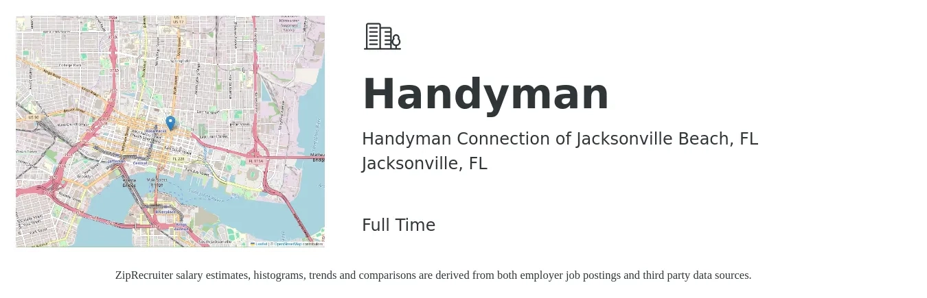 Handyman Connection of Jacksonville Beach, FL job posting for a Handyman in Jacksonville, FL with a salary of $25 to $60 Hourly with a map of Jacksonville location.