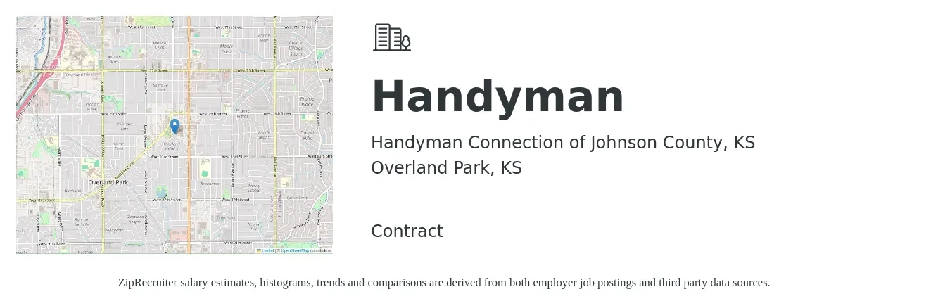 Handyman Connection of Johnson County, KS job posting for a Handyman in Overland Park, KS with a salary of $800 to $1,200 Weekly with a map of Overland Park location.