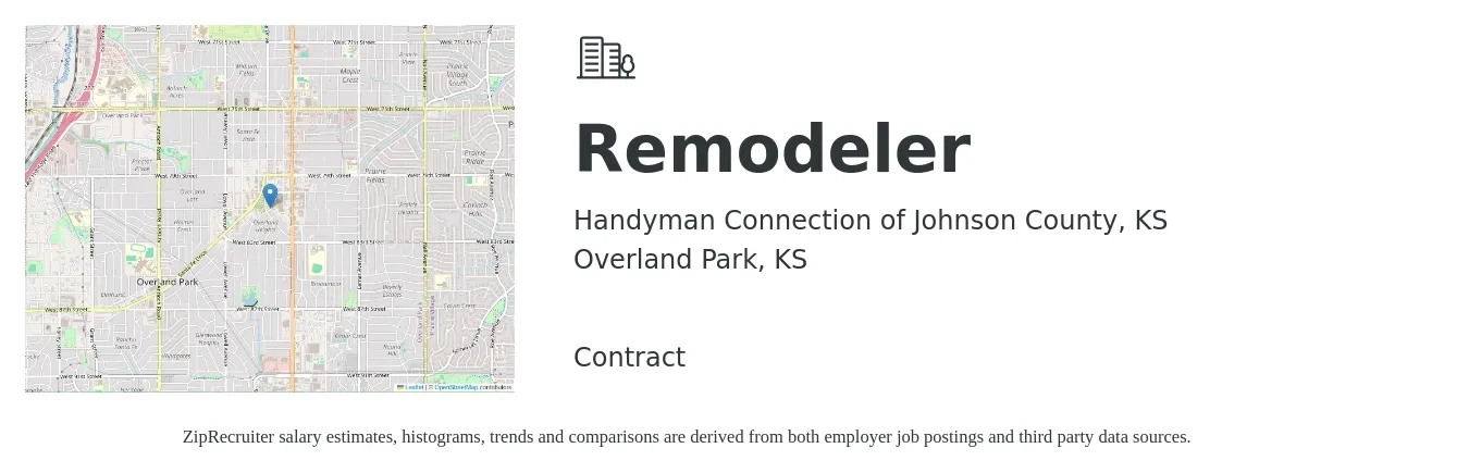 Handyman Connection of Johnson County, KS job posting for a Remodeler in Overland Park, KS with a salary of $800 to $1,200 Weekly with a map of Overland Park location.