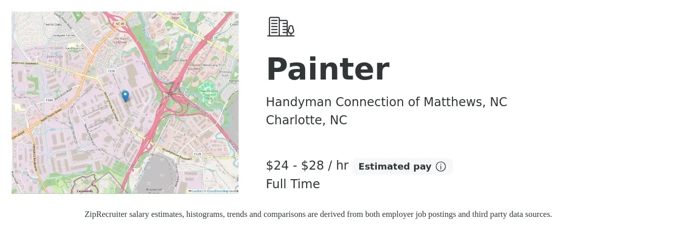 Handyman Connection of Matthews, NC job posting for a Painter in Charlotte, NC with a salary of $25 to $30 Hourly with a map of Charlotte location.