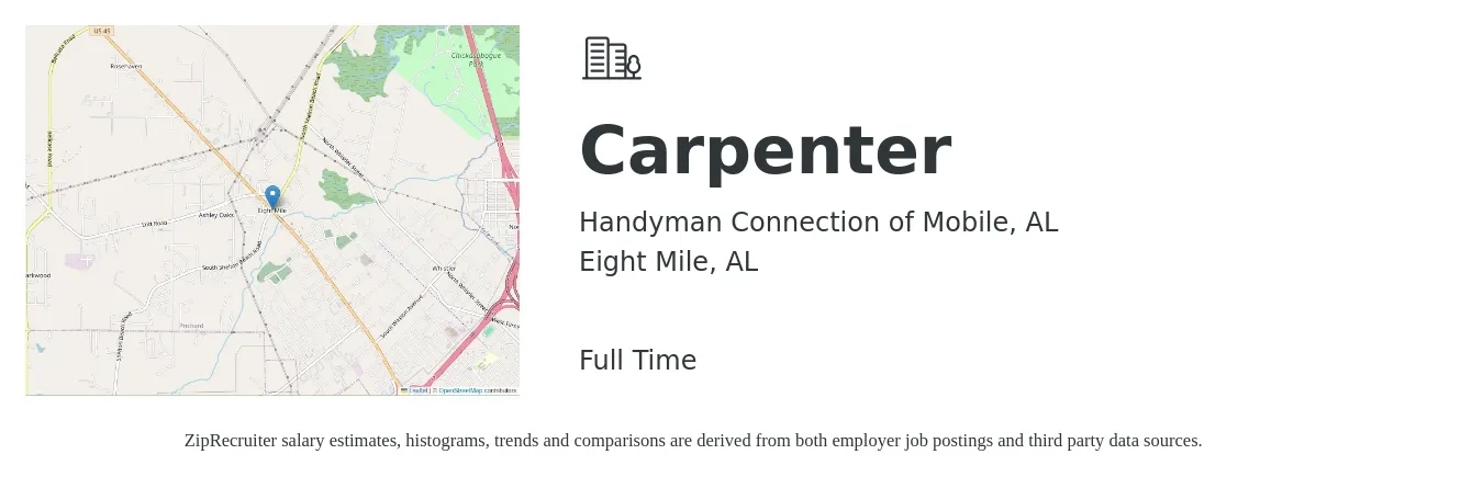 Handyman Connection of Mobile, AL job posting for a Carpenter in Eight Mile, AL with a salary of $800 to $1,200 Weekly with a map of Eight Mile location.