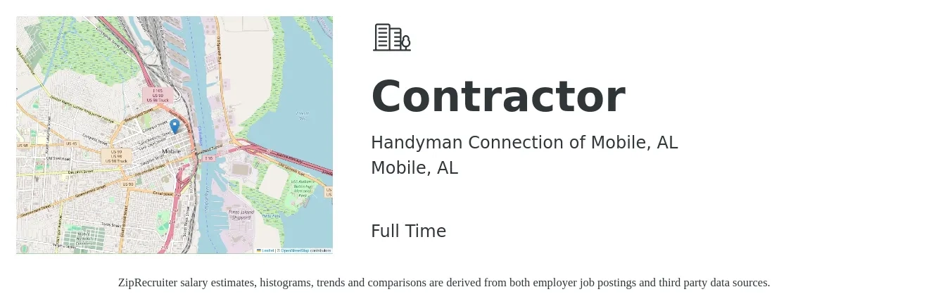 Handyman Connection of Mobile, AL job posting for a Contractor in Mobile, AL with a salary of $800 to $1,200 Weekly with a map of Mobile location.