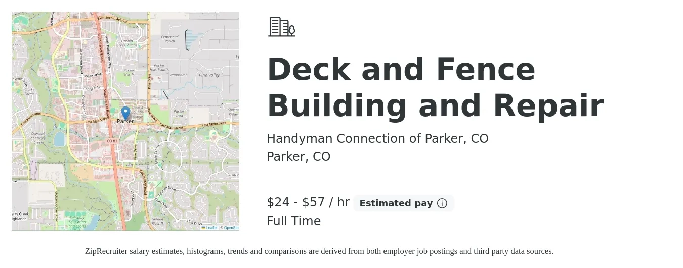 Handyman Connection of Parker, CO job posting for a Deck and Fence Building and Repair in Parker, CO with a salary of $25 to $60 Hourly with a map of Parker location.