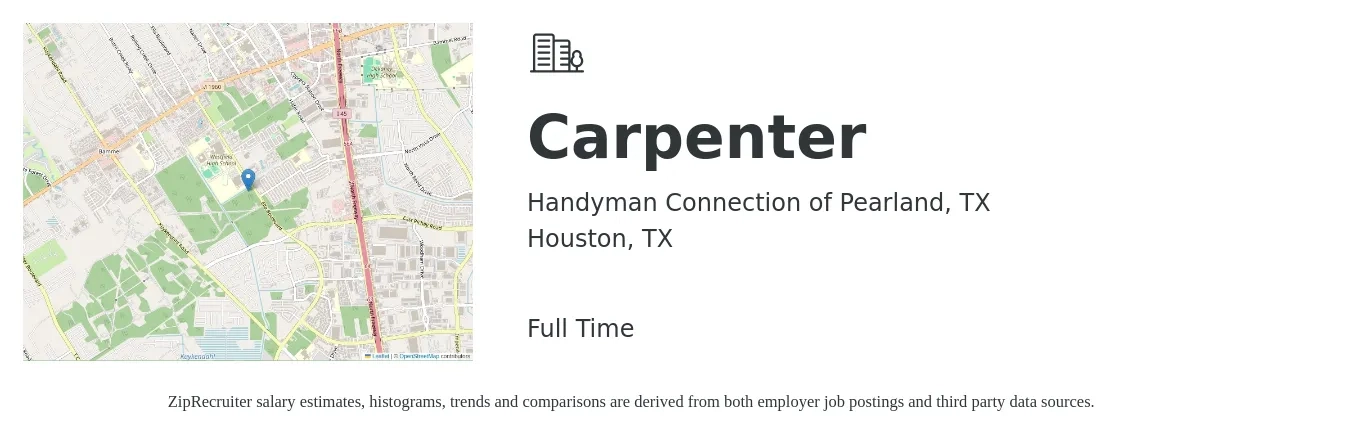Handyman Connection of Pearland, TX job posting for a Carpenter in Houston, TX with a salary of $800 to $1,200 Weekly with a map of Houston location.
