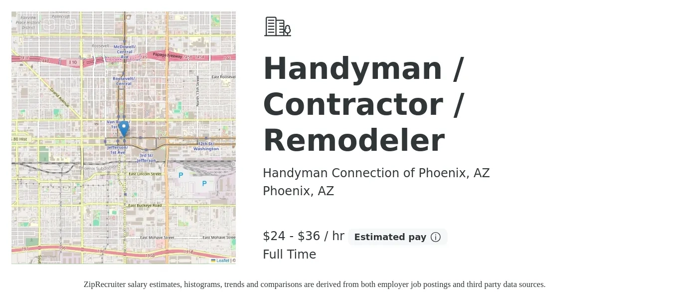 Handyman Connection of Phoenix, AZ job posting for a Handyman / Contractor / Remodeler in Phoenix, AZ with a salary of $25 to $38 Hourly with a map of Phoenix location.