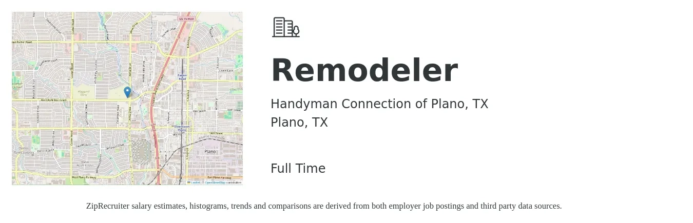 Handyman Connection of Plano, TX job posting for a Remodeler in Plano, TX with a salary of $800 to $1,200 Weekly with a map of Plano location.