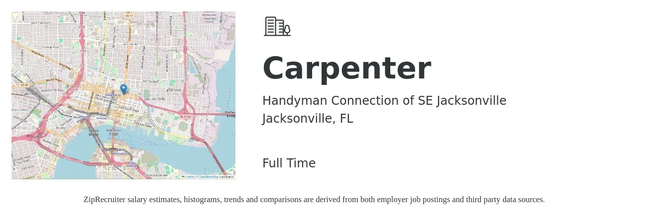 Handyman Connection of SE Jacksonville job posting for a Carpenter in Jacksonville, FL with a salary of $800 to $1,200 Weekly with a map of Jacksonville location.