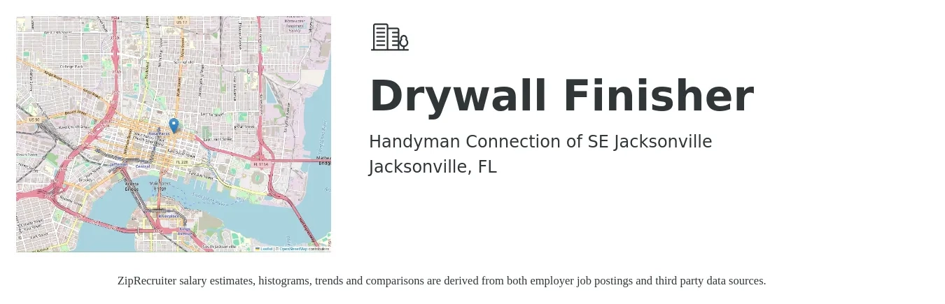 Handyman Connection of SE Jacksonville job posting for a Drywall Finisher in Jacksonville, FL with a salary of $800 to $1,200 Weekly with a map of Jacksonville location.