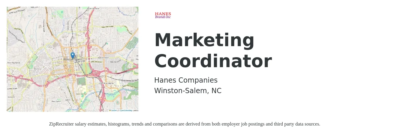 Hanes Companies job posting for a Marketing Coordinator in Winston-Salem, NC with a salary of $36,600 to $50,300 Yearly with a map of Winston-Salem location.