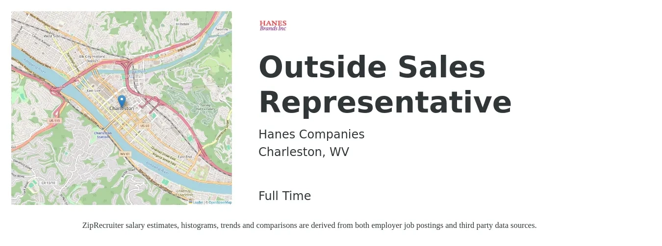 Hanes Companies job posting for a Outside Sales Representative in Charleston, WV with a salary of $51,000 to $87,500 Yearly with a map of Charleston location.