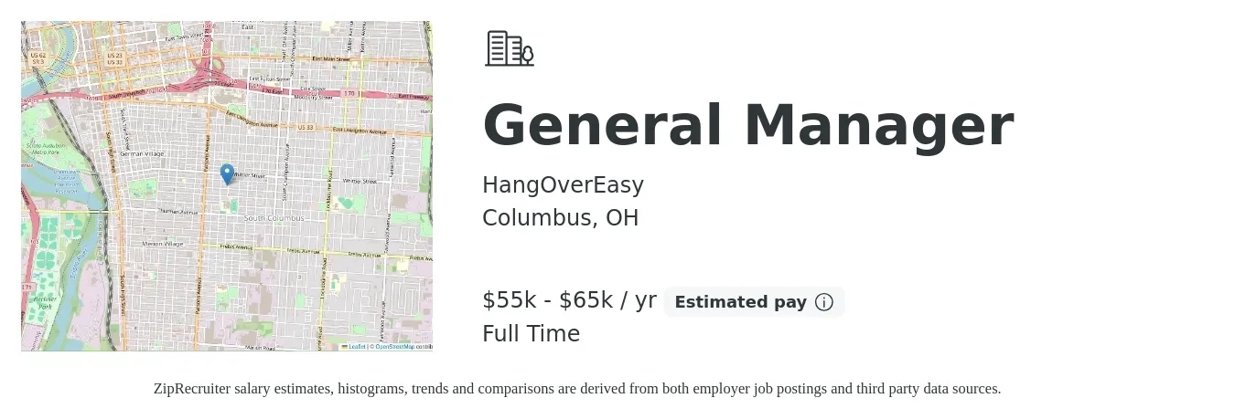 HangOverEasy job posting for a General Manager in Columbus, OH with a salary of $50,000 to $55,000 Yearly with a map of Columbus location.