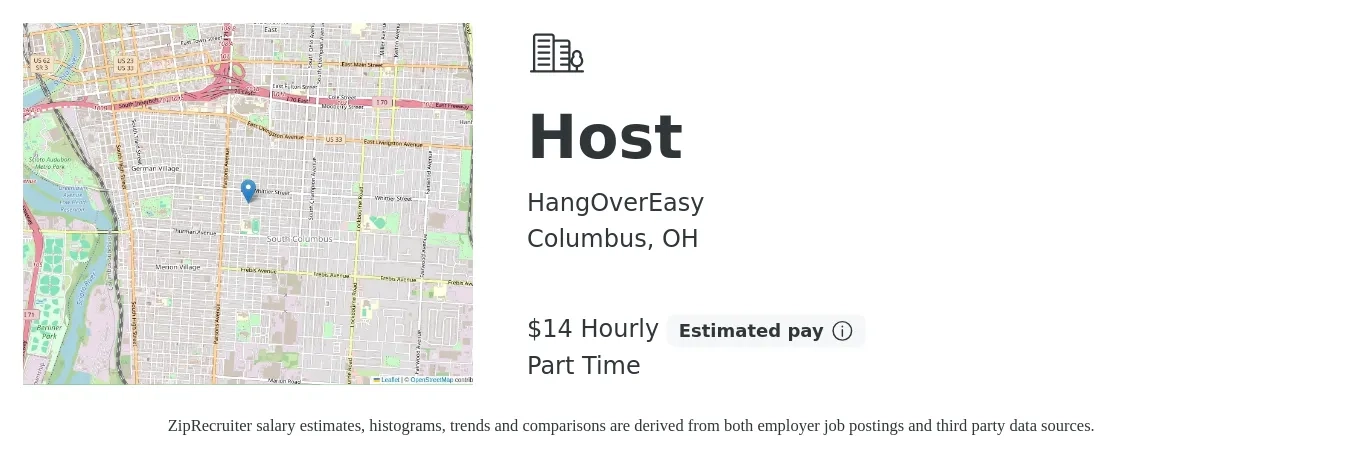HangOverEasy job posting for a Host in Columbus, OH with a salary of $15 Hourly with a map of Columbus location.