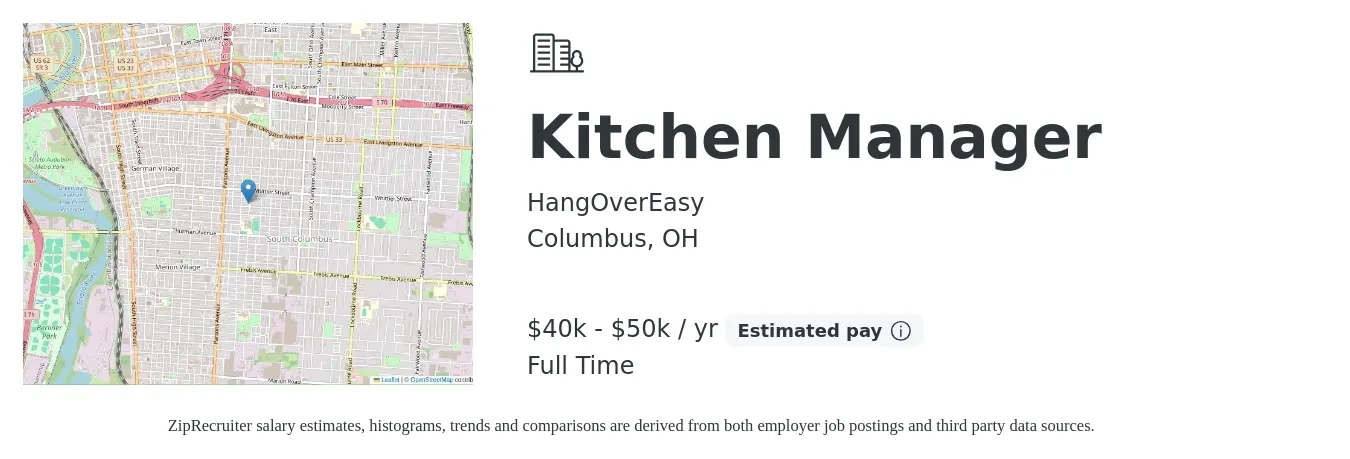 HangOverEasy job posting for a Kitchen Manager in Columbus, OH with a salary of $40,000 to $50,000 Yearly with a map of Columbus location.