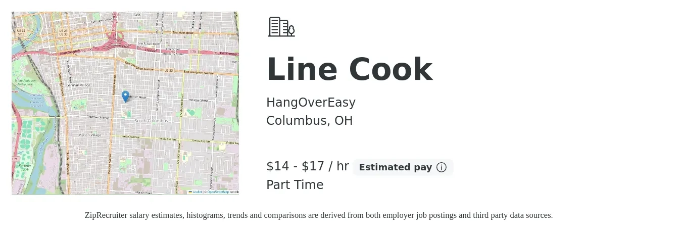 HangOverEasy job posting for a Line Cook in Columbus, OH with a salary of $15 to $18 Hourly with a map of Columbus location.