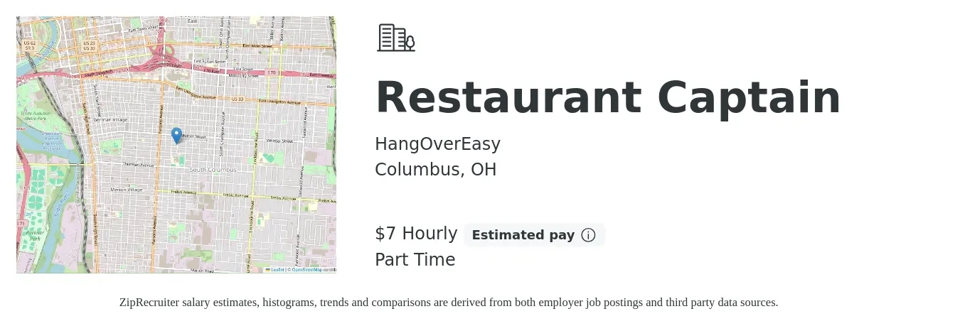 HangOverEasy job posting for a Restaurant Captain in Columbus, OH with a salary of $8 Hourly with a map of Columbus location.