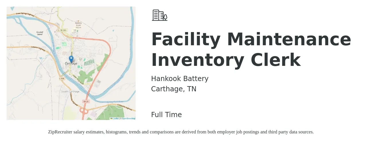 Hankook Battery job posting for a Facility Maintenance Inventory Clerk in Carthage, TN with a salary of $16 to $19 Hourly with a map of Carthage location.