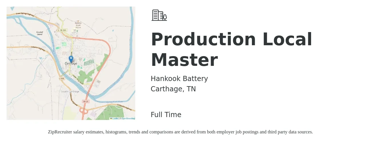 Hankook Battery job posting for a Production Local Master in Carthage, TN with a salary of $14 to $18 Hourly with a map of Carthage location.