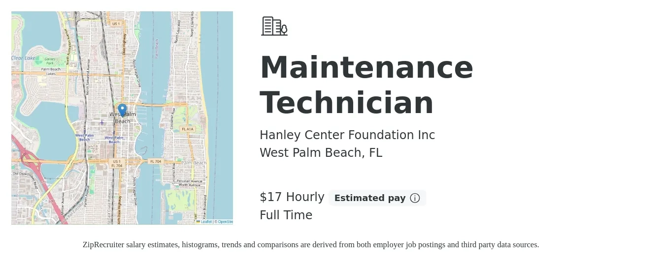 Hanley Center Foundation Inc job posting for a Maintenance Technician in West Palm Beach, FL with a salary of $18 Hourly with a map of West Palm Beach location.