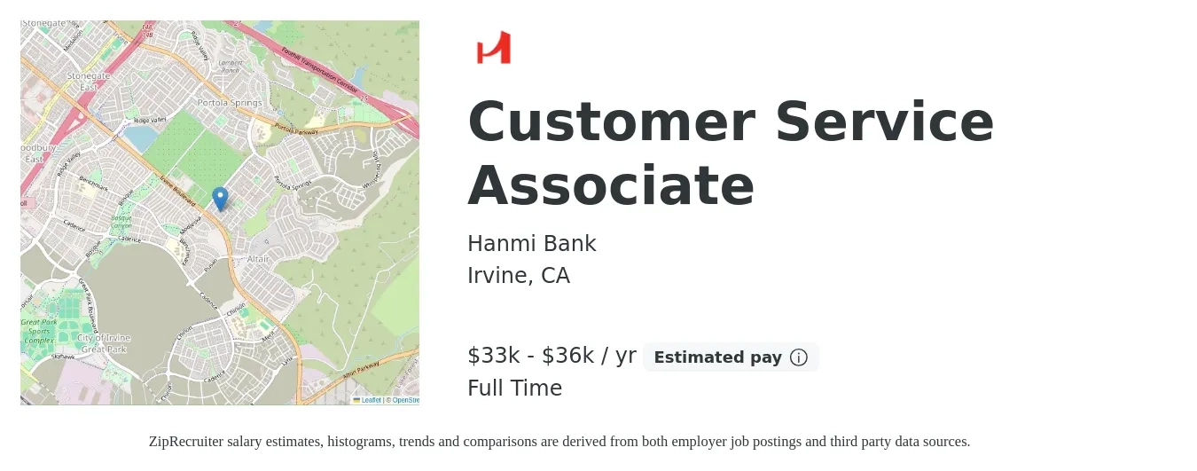 Hanmi Bank job posting for a Customer Service Associate in Irvine, CA with a salary of $33,280 to $36,000 Yearly with a map of Irvine location.