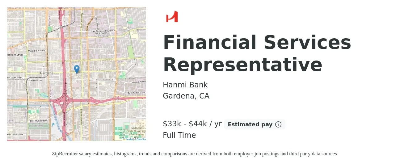 Hanmi Bank job posting for a Financial Services Representative in Gardena, CA with a salary of $33,280 to $44,000 Yearly with a map of Gardena location.