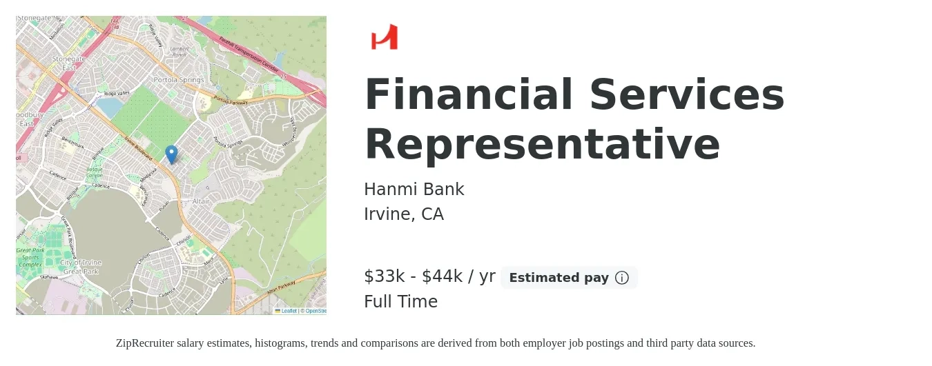 Hanmi Bank job posting for a Financial Services Representative in Irvine, CA with a salary of $33,280 to $44,000 Yearly with a map of Irvine location.