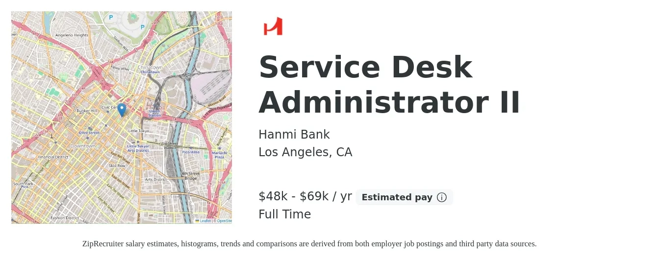 Hanmi Bank job posting for a Service Desk Administrator II in Los Angeles, CA with a salary of $48,000 to $69,000 Yearly with a map of Los Angeles location.