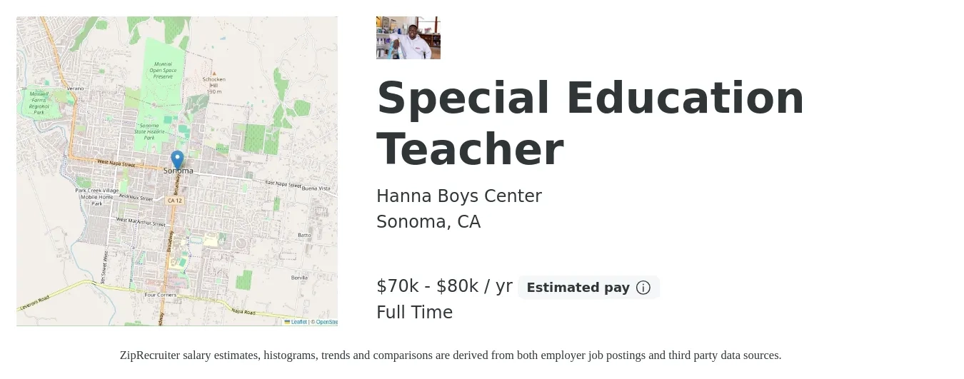 Hanna Boys Center job posting for a Special Education Teacher in Sonoma, CA with a salary of $70,000 to $80,000 Yearly with a map of Sonoma location.