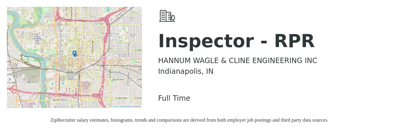 HANNUM WAGLE & CLINE ENGINEERING INC job posting for a Inspector - RPR in Indianapolis, IN with a salary of $47,300 to $74,500 Yearly with a map of Indianapolis location.