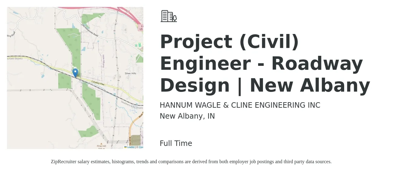 HANNUM WAGLE & CLINE ENGINEERING INC job posting for a Project (Civil) Engineer - Roadway Design | New Albany in New Albany, IN with a salary of $78,700 to $105,100 Yearly with a map of New Albany location.