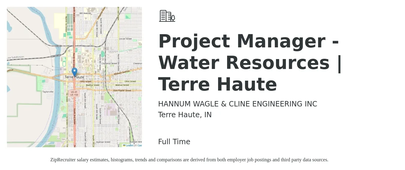 HANNUM WAGLE & CLINE ENGINEERING INC job posting for a Project Manager - Water Resources | Terre Haute in Terre Haute, IN with a salary of $102,300 to $137,500 Yearly with a map of Terre Haute location.