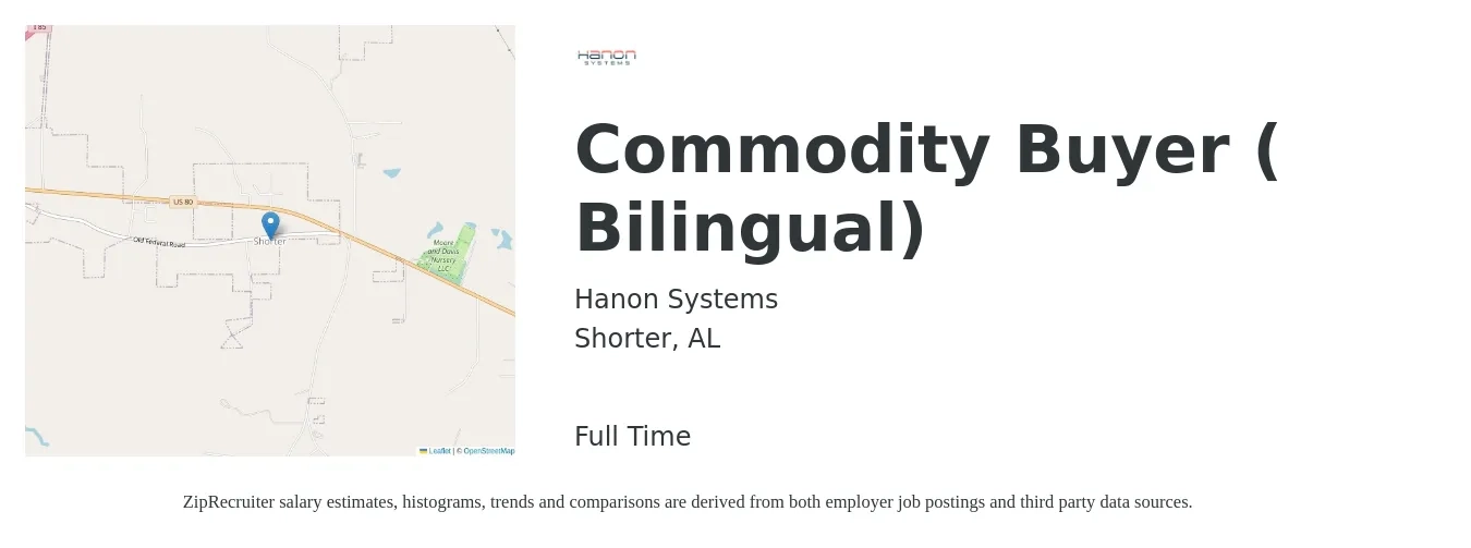 Hanon Systems job posting for a Commodity Buyer ( Bilingual) in Shorter, AL with a salary of $60,100 to $78,100 Yearly with a map of Shorter location.