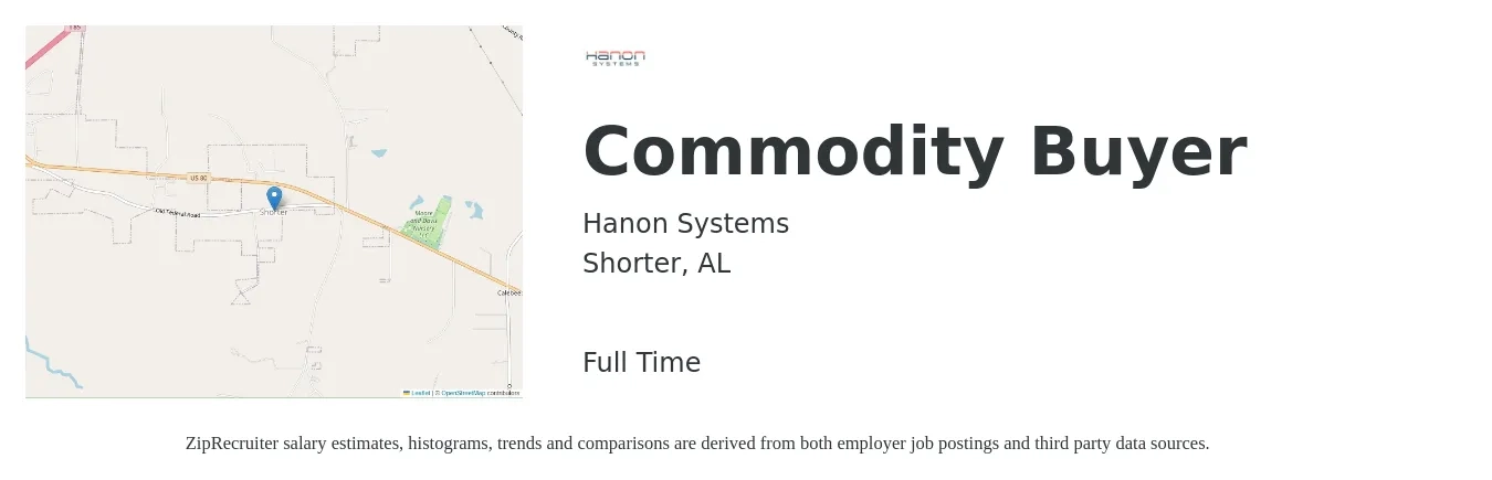 Hanon Systems job posting for a Commodity Buyer in Shorter, AL with a salary of $60,100 to $78,100 Yearly with a map of Shorter location.