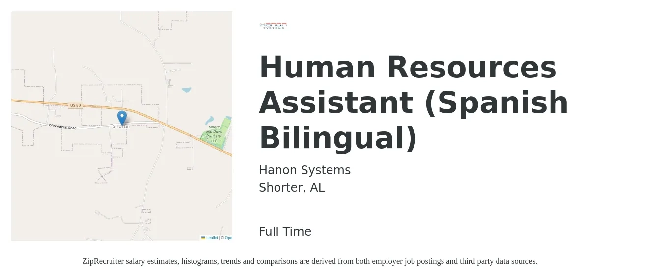 Hanon Systems job posting for a Human Resources Assistant (Spanish Bilingual) in Shorter, AL with a salary of $32,200 to $41,200 Yearly with a map of Shorter location.