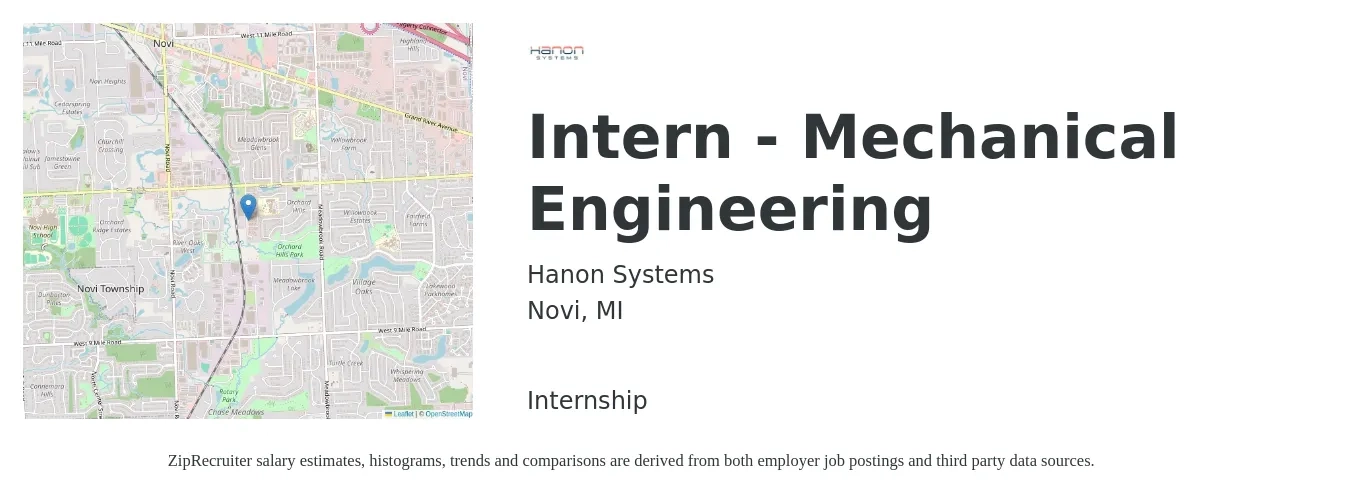 Hanon Systems job posting for a Intern - Mechanical Engineering in Novi, MI with a salary of $18 to $24 Hourly with a map of Novi location.