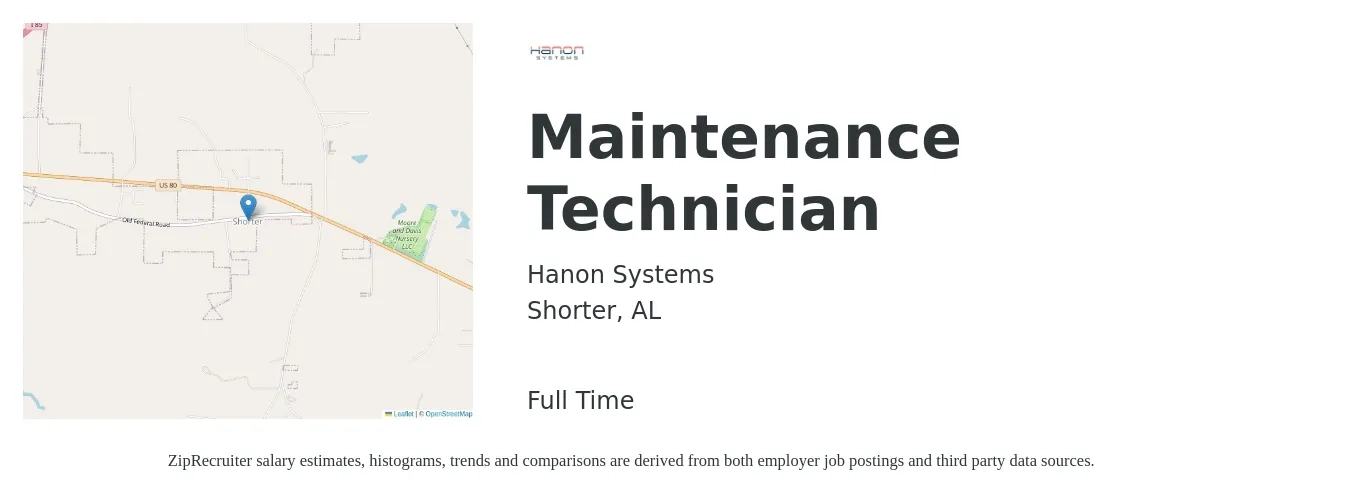 Hanon Systems job posting for a Maintenance Technician in Shorter, AL with a salary of $16 to $23 Hourly with a map of Shorter location.