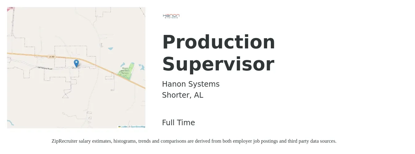 Hanon Systems job posting for a Production Supervisor in Shorter, AL with a salary of $48,000 to $69,100 Yearly with a map of Shorter location.