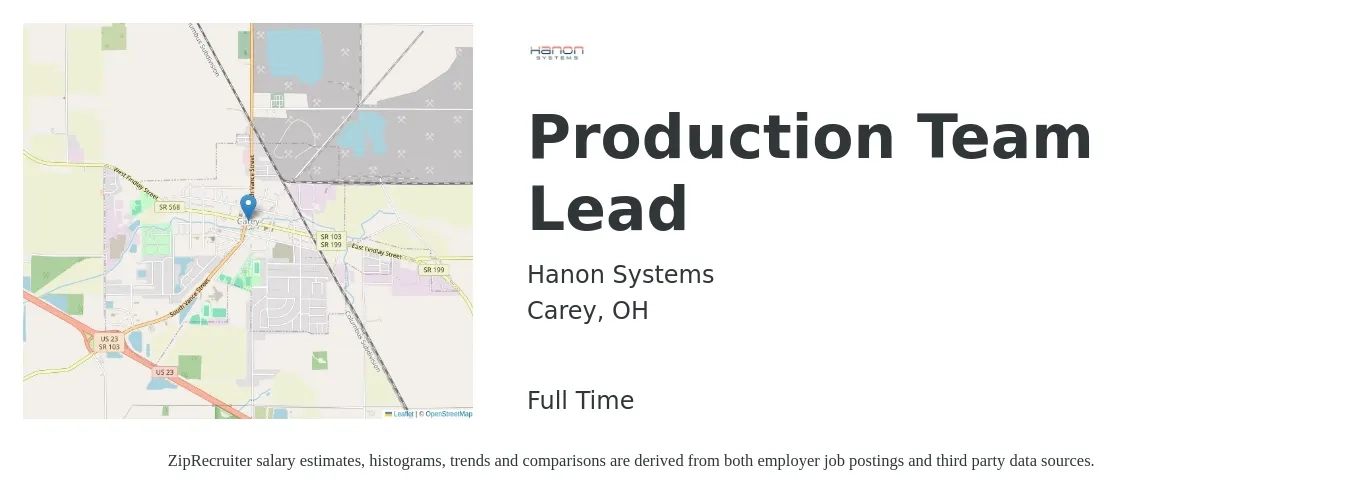 Hanon Systems job posting for a Production Team Lead in Carey, OH with a salary of $18 to $25 Hourly with a map of Carey location.