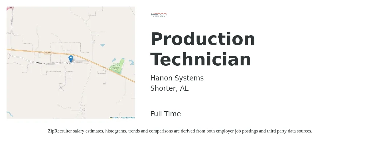Hanon Systems job posting for a Production Technician in Shorter, AL with a salary of $15 to $18 Hourly with a map of Shorter location.
