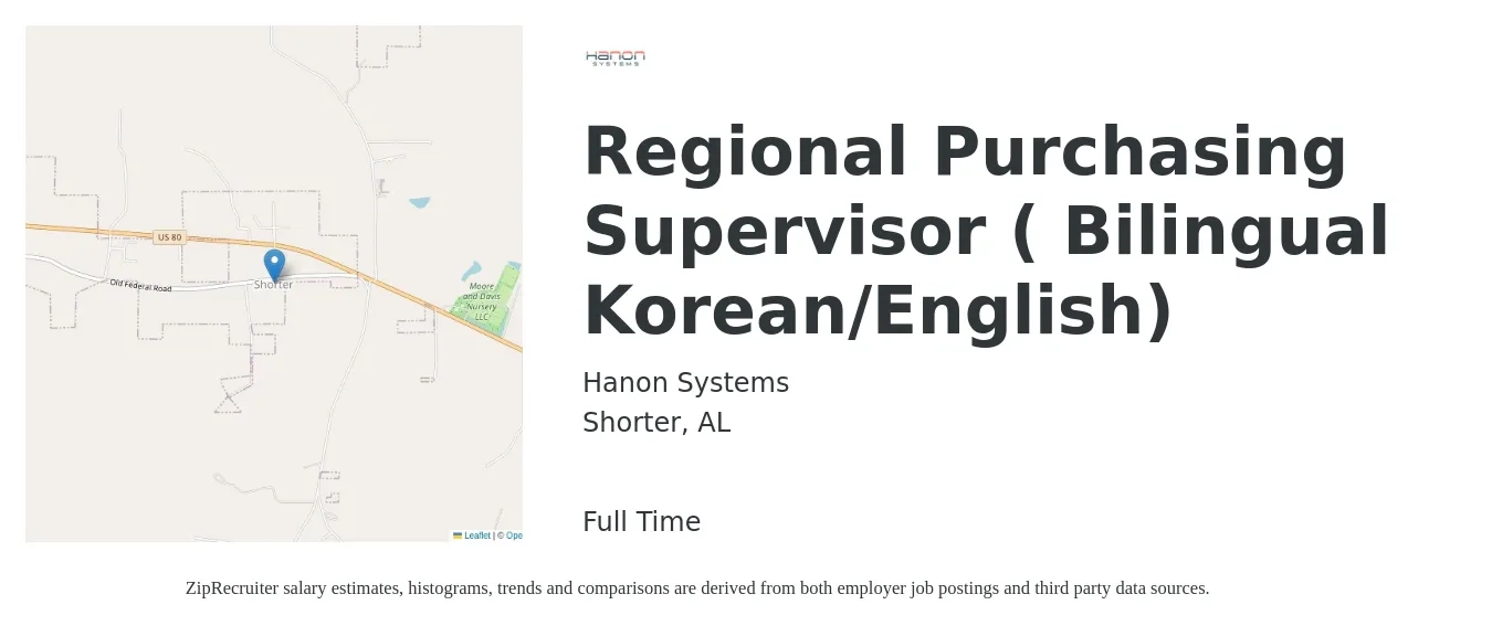 Hanon Systems job posting for a Regional Purchasing Supervisor ( Bilingual Korean/English) in Shorter, AL with a salary of $55,800 to $85,800 Yearly with a map of Shorter location.
