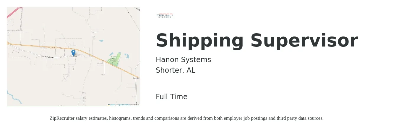 Hanon Systems job posting for a Shipping Supervisor in Shorter, AL with a salary of $18 to $29 Hourly with a map of Shorter location.
