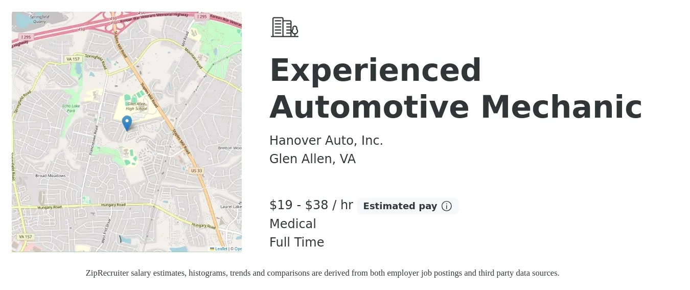 Hanover Auto, Inc. job posting for a Experienced Automotive Mechanic in Glen Allen, VA with a salary of $20 to $40 Hourly and benefits including medical with a map of Glen Allen location.