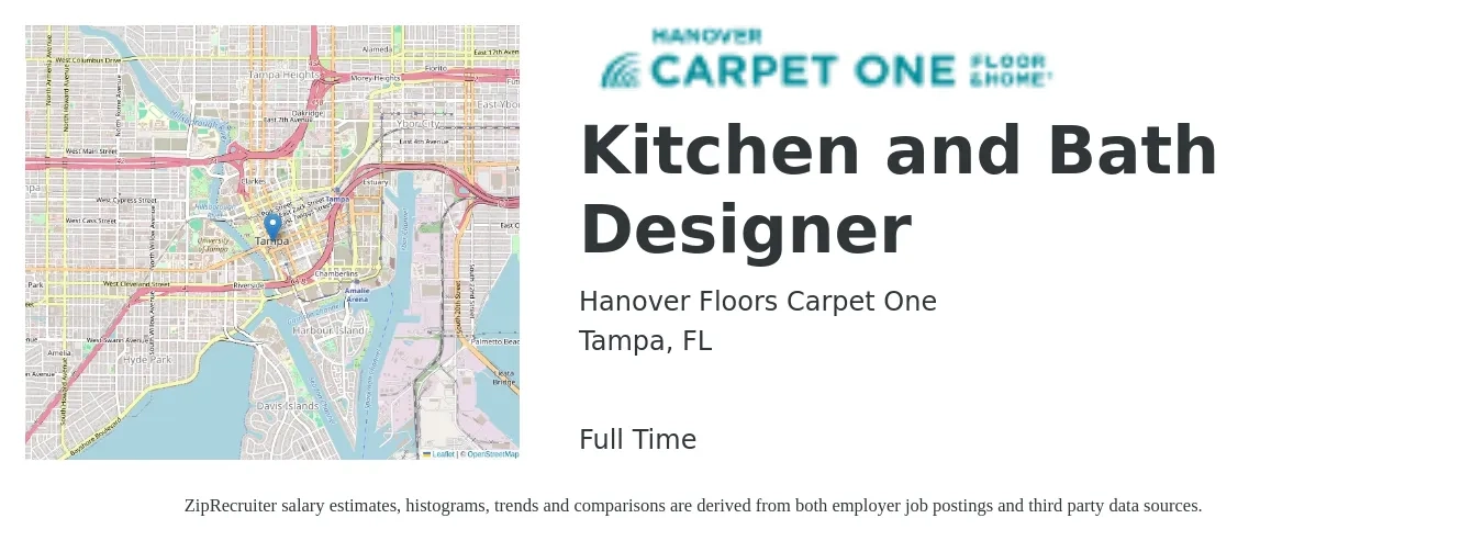 Hanover Floors Carpet One job posting for a Kitchen and Bath Designer in Tampa, FL with a salary of $19 to $24 Hourly with a map of Tampa location.