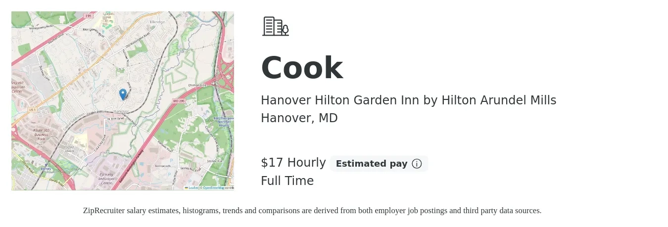 Hanover Hilton Garden Inn by Hilton Arundel Mills job posting for a Cook in Hanover, MD with a salary of $18 Hourly with a map of Hanover location.