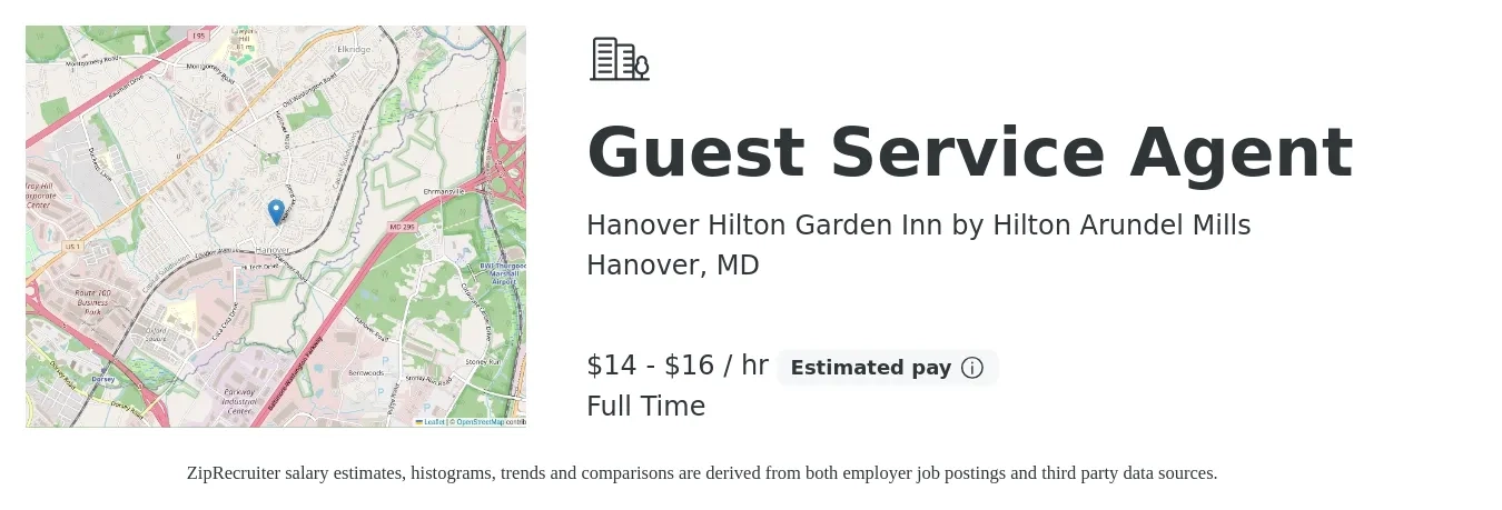 Hanover Hilton Garden Inn by Hilton Arundel Mills job posting for a Guest Service Agent in Hanover, MD with a salary of $15 to $17 Hourly with a map of Hanover location.