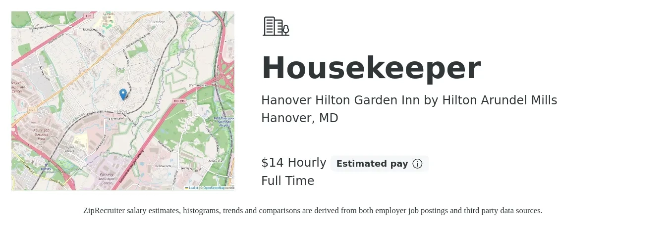 Hanover Hilton Garden Inn by Hilton Arundel Mills job posting for a Housekeeper in Hanover, MD with a salary of $15 Hourly with a map of Hanover location.