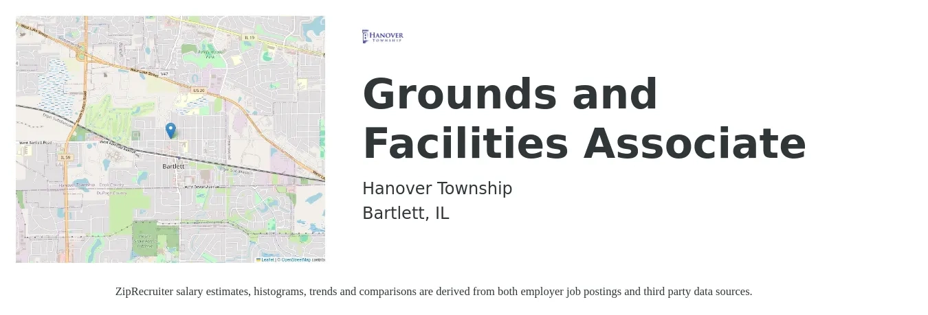 Hanover Township job posting for a Grounds and Facilities Associate in Bartlett, IL with a salary of $18 to $22 Hourly with a map of Bartlett location.