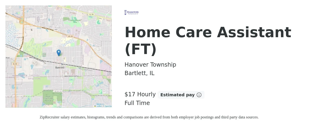Hanover Township job posting for a Home Care Assistant (FT) in Bartlett, IL with a salary of $18 Hourly with a map of Bartlett location.