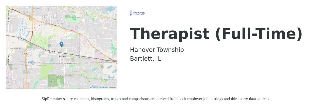 Hanover Township job posting for a Therapist (Full-Time) in Bartlett, IL with a salary of $55,000 to $68,000 Yearly with a map of Bartlett location.