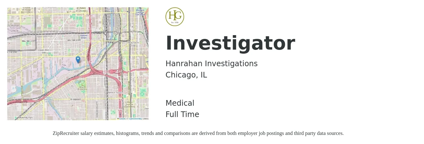 Hanrahan Investigations job posting for a Investigator in Chicago, IL with a salary of $54,100 to $101,500 Yearly and benefits including medical, pto, and retirement with a map of Chicago location.