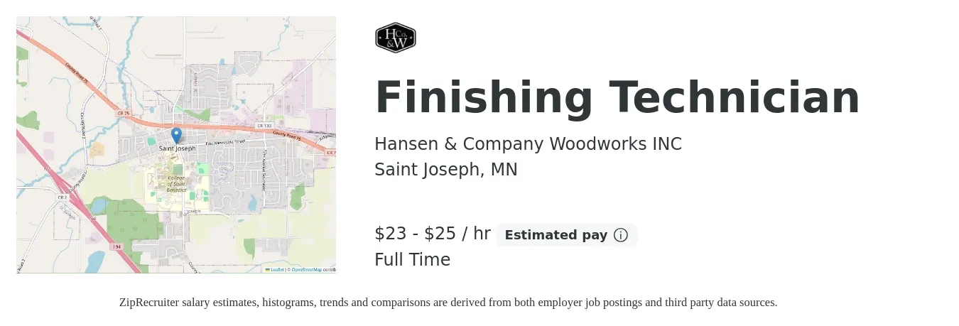 Hansen & Company Woodworks INC job posting for a Finishing Technician in Saint Joseph, MN with a salary of $20 to $24 Hourly with a map of Saint Joseph location.